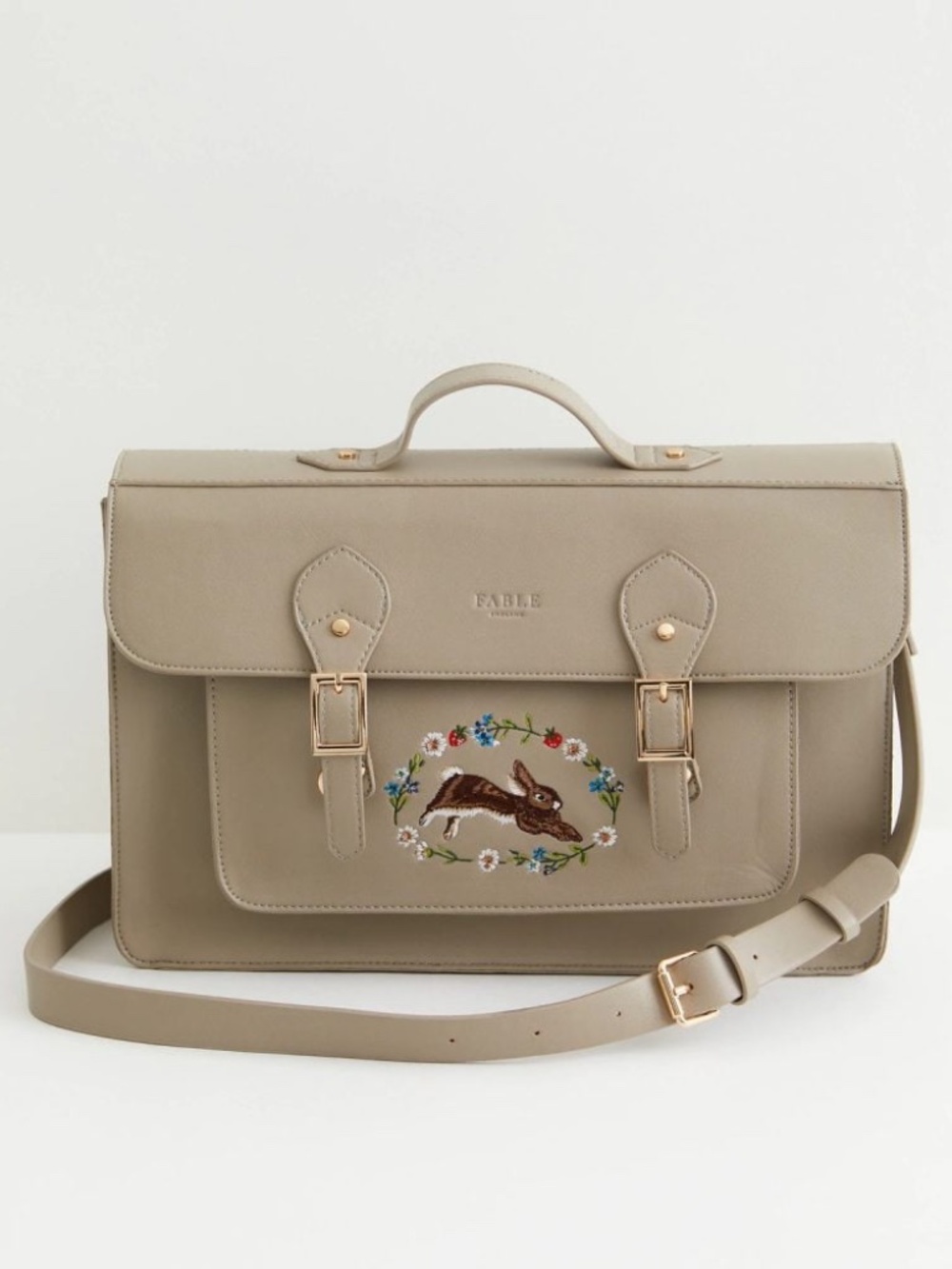 Fable England Grey Rabbit Embroidered Satchel Bag Vegan Leather